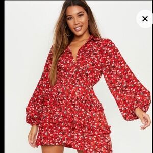 PrettyLittleThings Higher Waist Floral Long Sleeve Dress Red Blue Ruffle Peasant